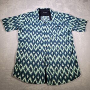 Public Record Shirt Mens XL Teal Blue Ikat Print Button Up Short Sleeve Pocket